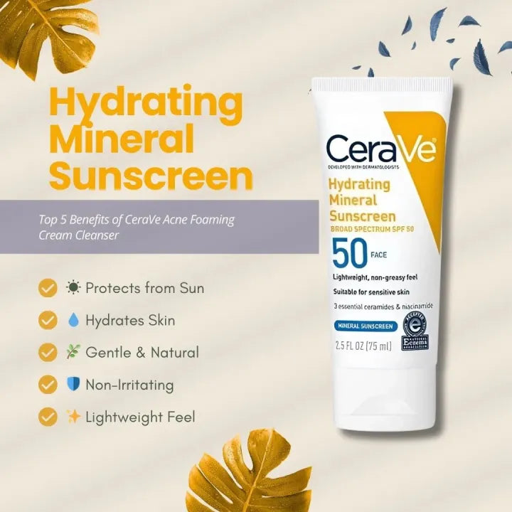 CeraVe hydrating mineral sunscreen packaging with benefits listed on a beige background