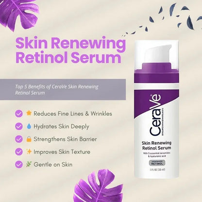 CeraVe Skin Renewing Retinol Serum with benefits listed on a light background