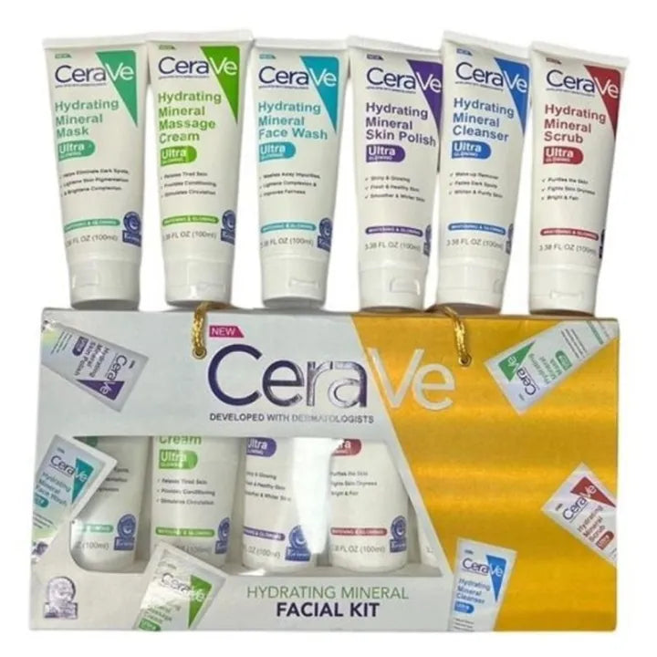 CeraVe Hydrating Mineral Facial Kit containing six facial care tubes displayed on top of and inside a yellow-and-white gift box.