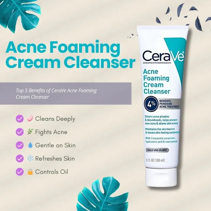CeraVe Acne Foaming Cream Cleanser with benefits listed on a beige background