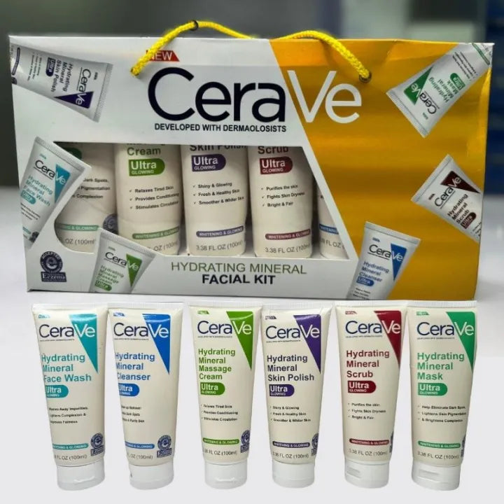 CeraVe Hydrating Mineral Facial Kit with six skincare tubes displayed in front of their branded gift bag on a white background.